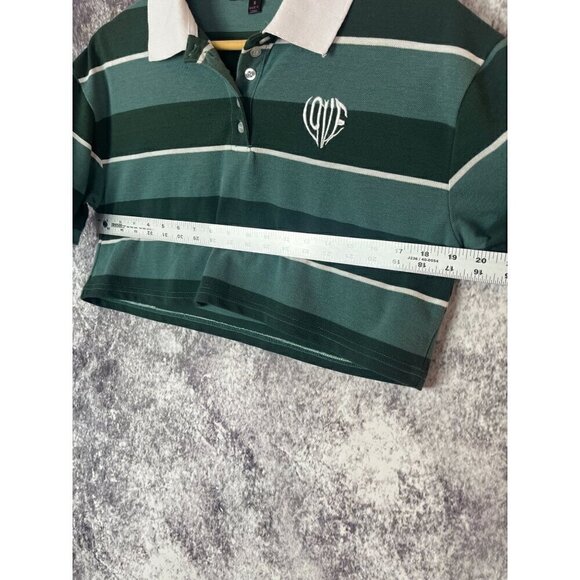 Faded Green White Striped Cropped Preppy Polo Shirt Top Women's Small - Picture 8 of 9
